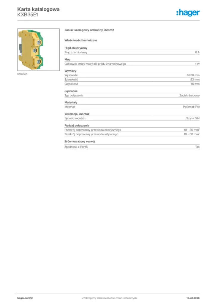 Zdjęcie Hager Karta katalogowa KXB35E1 | Hager Polska