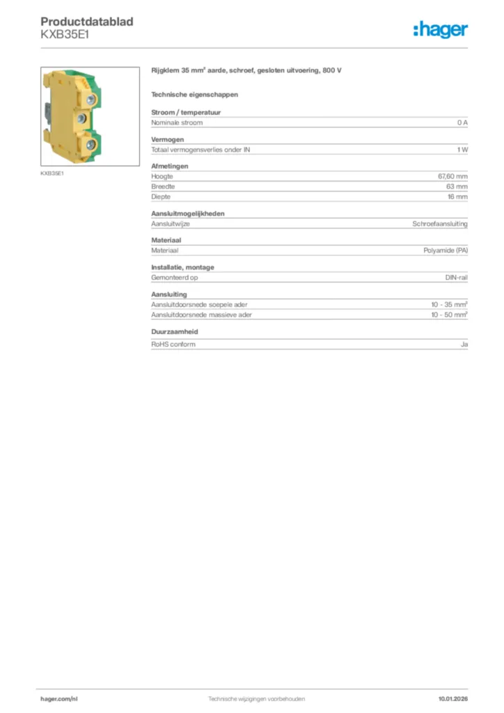 Afbeelding Hager Productdatablad KXB35E1 | Hager Nederland