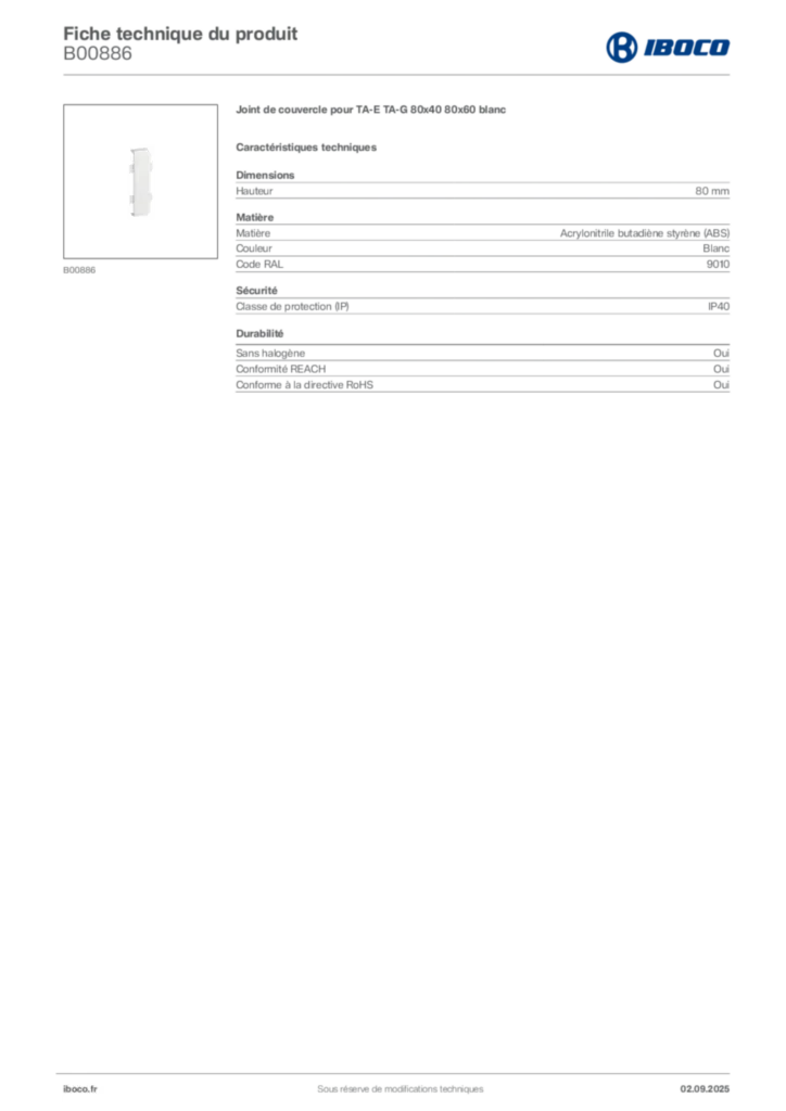 Image Iboco Fiche technique du produit B00886 | Hager France