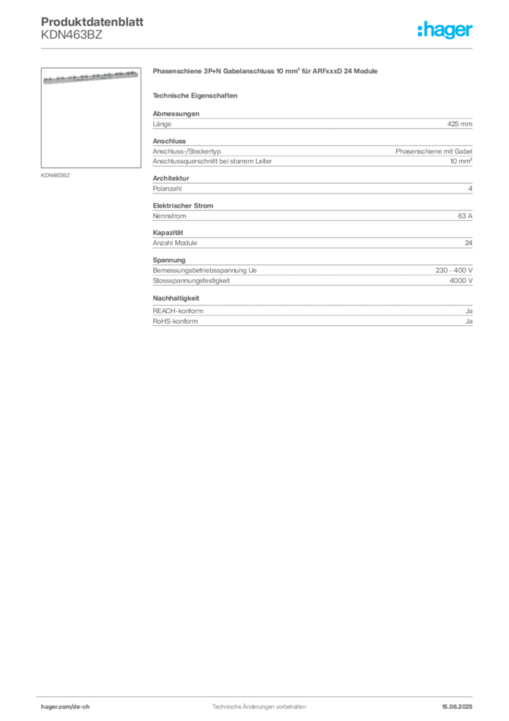 Bild Hager Produktdatenblatt KDN463BZ | Hager Schweiz