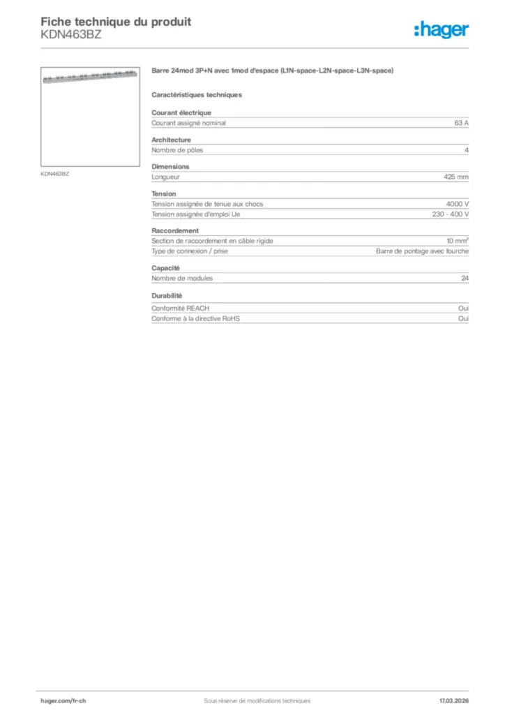 Image Hager Fiche technique du produit KDN463BZ | Hager Suisse