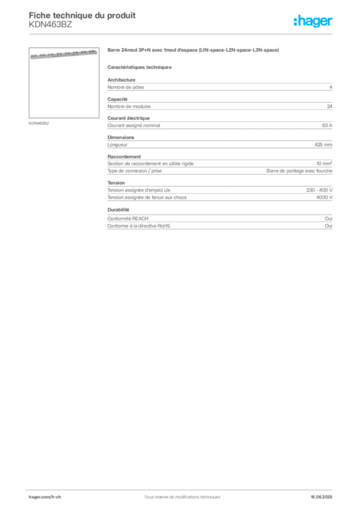 Image Hager Fiche technique du produit KDN463BZ | Hager Suisse