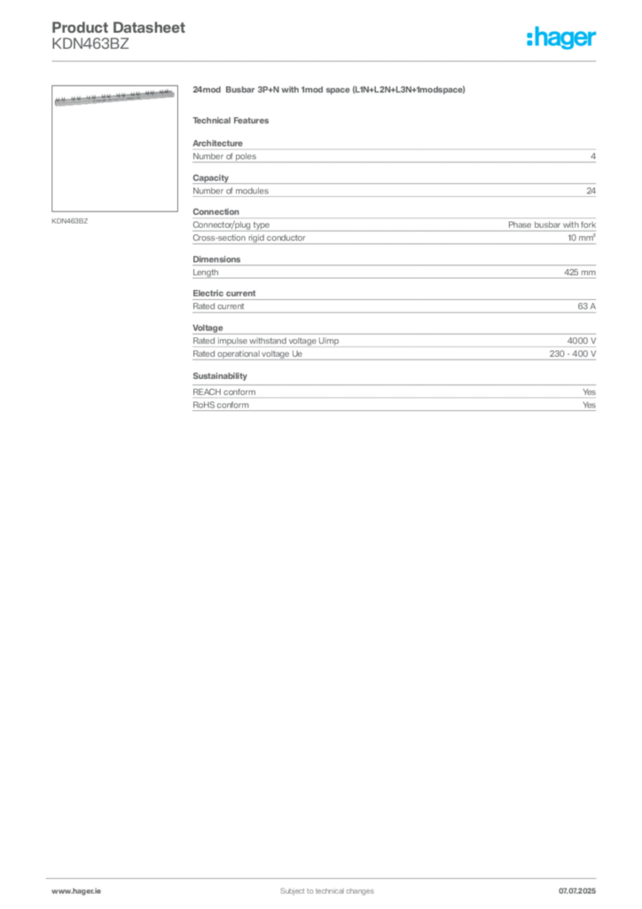 Image Hager Product data sheet KDN463BZ  | Hager