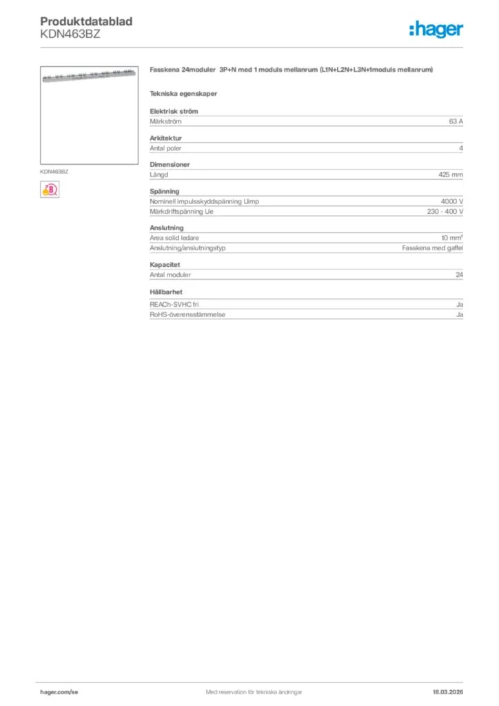Bild Hager Produktdatablad KDN463BZ | Hager Sverige