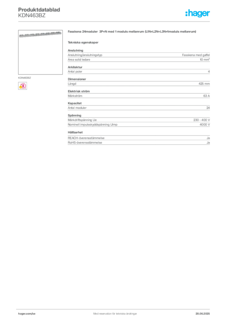 Bild Hager Produktdatablad KDN463BZ | Hager Sverige
