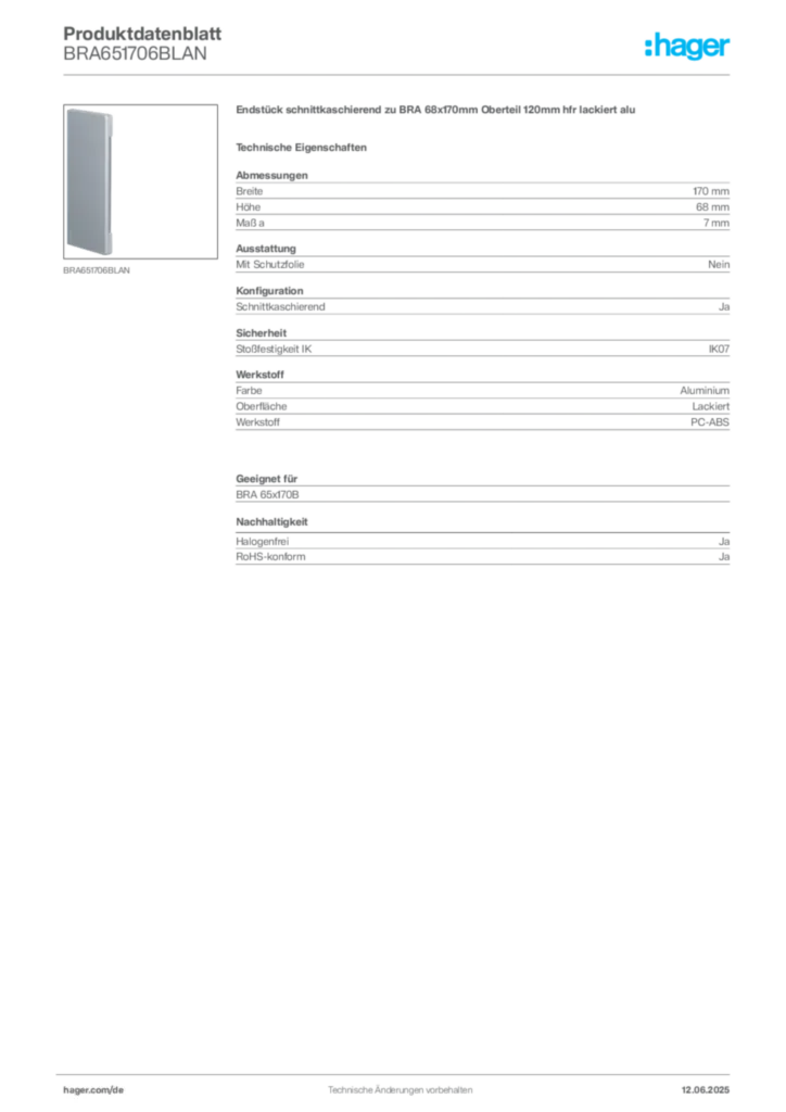 Bild Hager Produktdatenblatt BRA651706BLAN | Hager Deutschland