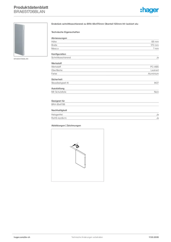 Bild Hager Produktdatenblatt BRA651706BLAN | Hager Schweiz