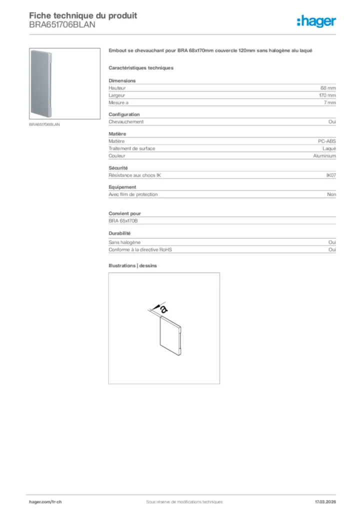 Image Hager Fiche technique du produit BRA651706BLAN | Hager Suisse