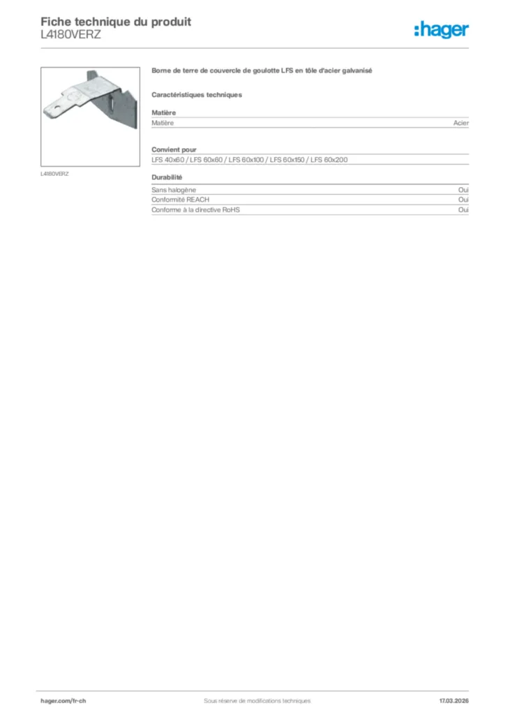 Image Hager Fiche technique du produit L4180VERZ | Hager Suisse