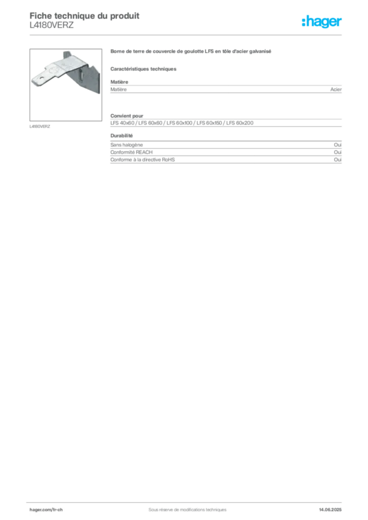 Image Hager Fiche technique du produit L4180VERZ | Hager Suisse