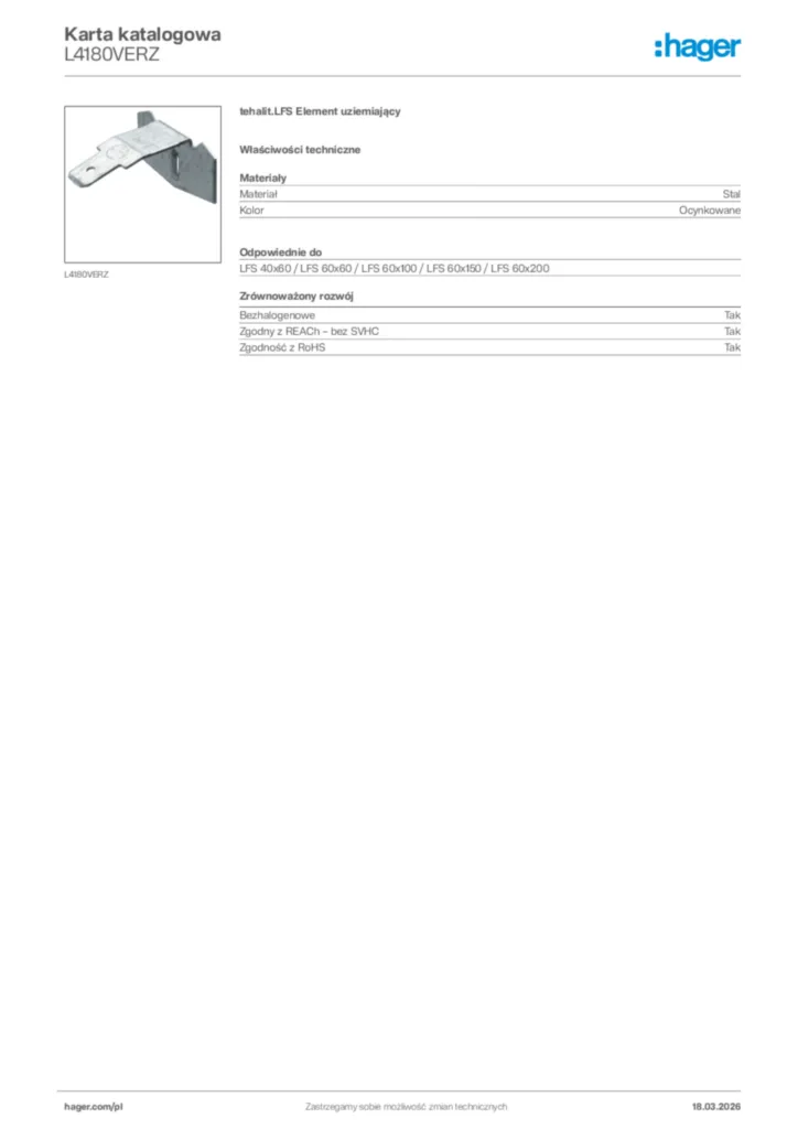 Zdjęcie Hager Karta katalogowa L4180VERZ | Hager Polska