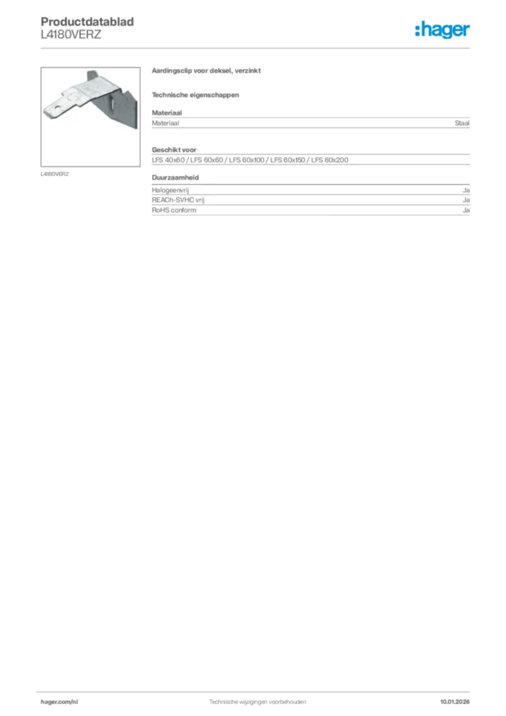 Afbeelding Hager Productdatablad L4180VERZ | Hager Nederland