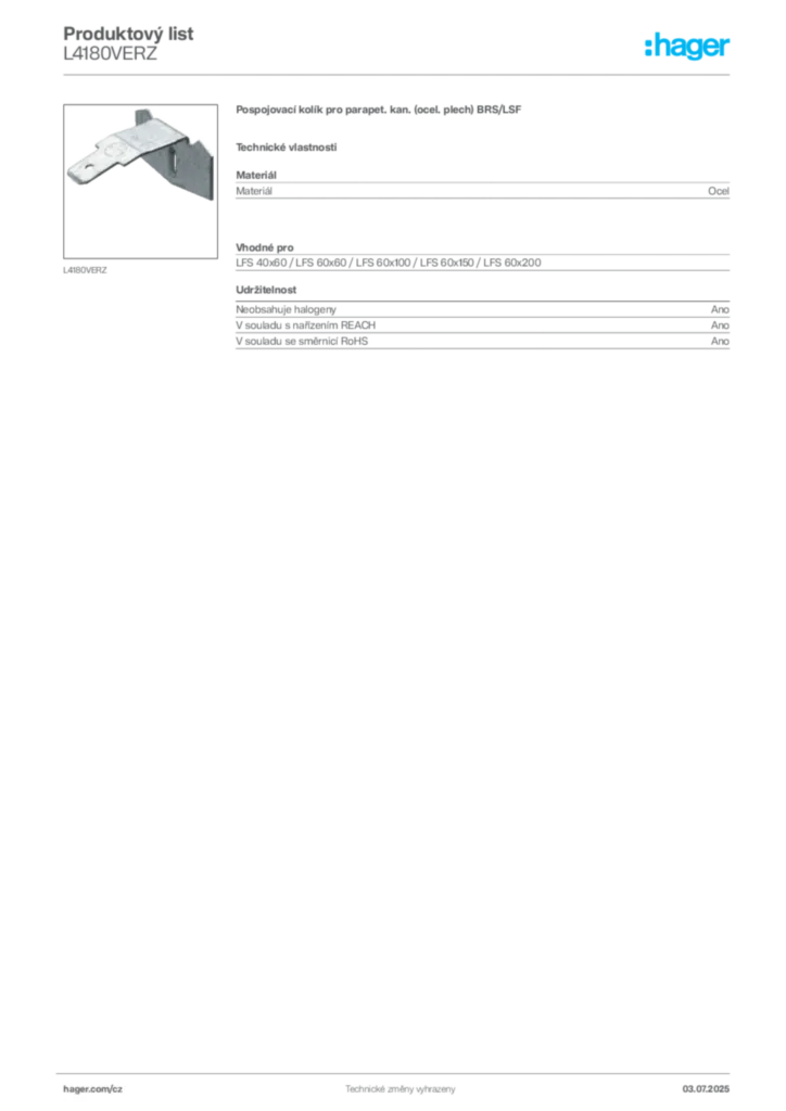 Obrázek Hager Produktový list L4180VERZ | Hager