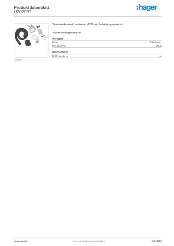 Bild Hager Produktdatenblatt UZ029BT | Hager Deutschland