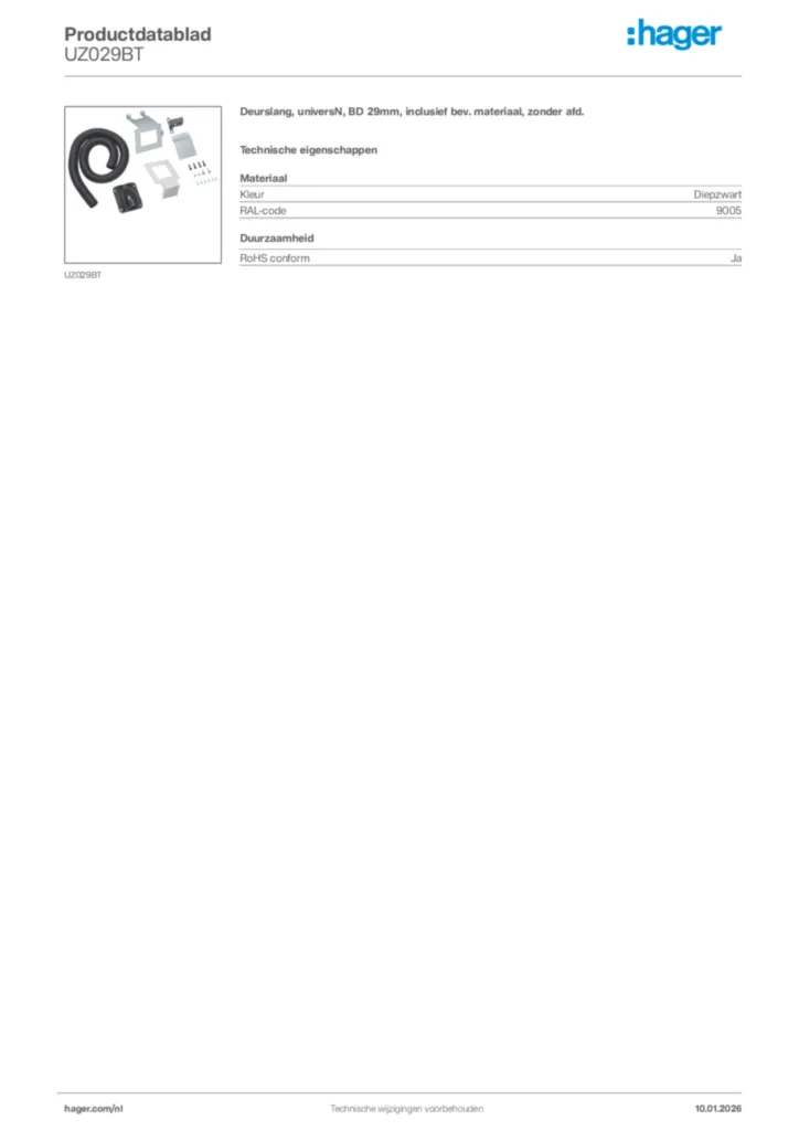 Afbeelding Hager Productdatablad UZ029BT | Hager Nederland