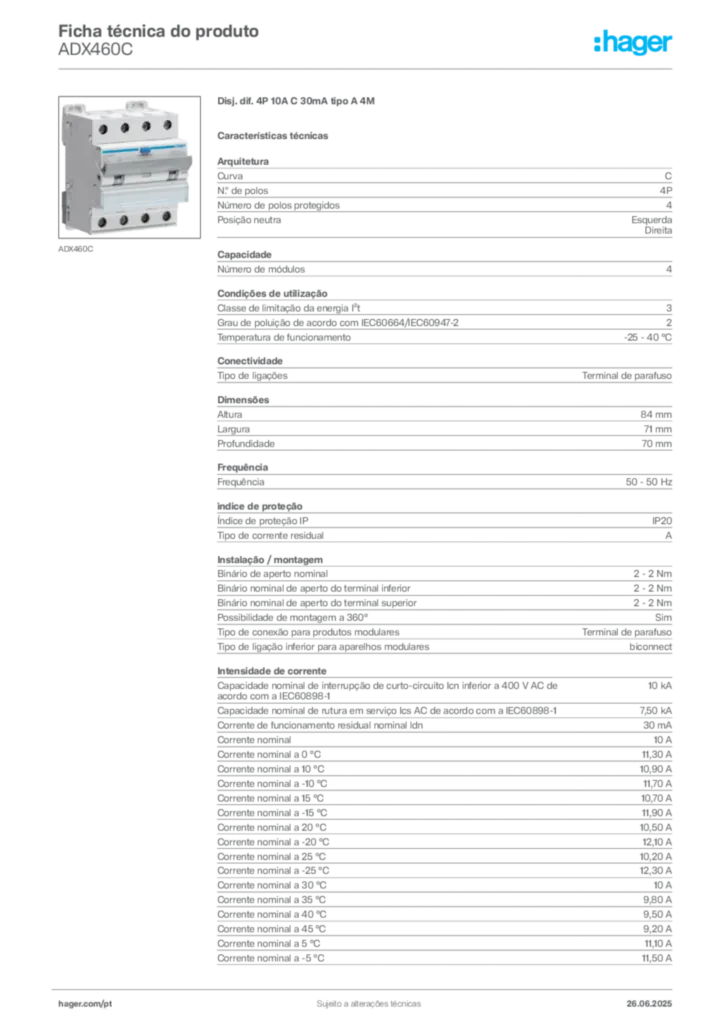 Imagem Hager Ficha técnica do produto ADX460C | Hager Portugal