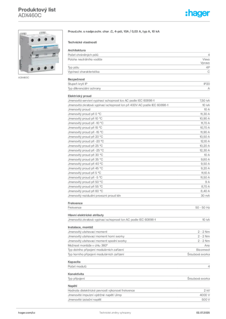 Obrázek Hager Produktový list ADX460C | Hager