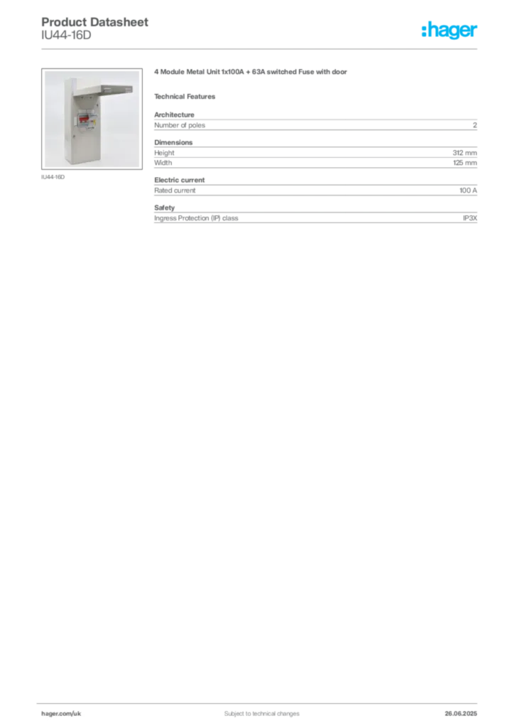 Image Hager Product data sheet IU44-16D  | Hager