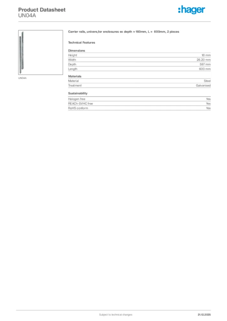 Image Hager Product data sheet UN04A  | Hager Africa