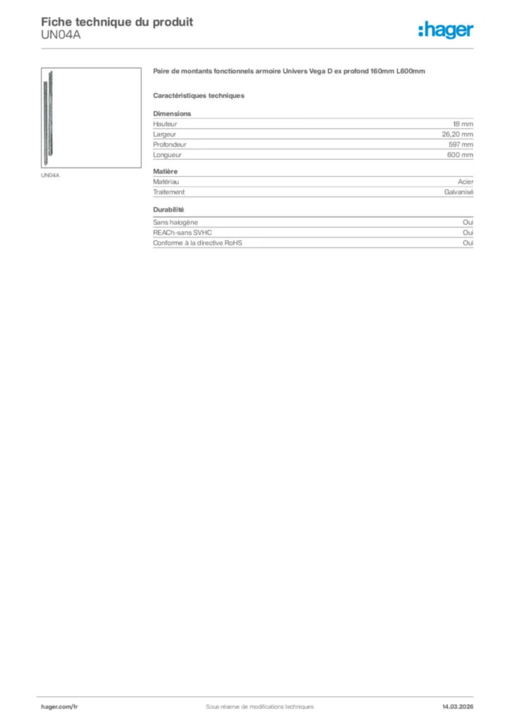 Image Hager Fiche technique du produit UN04A | Hager France