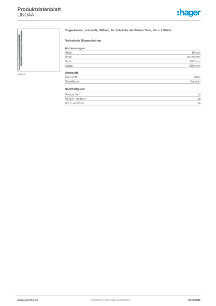 Bild Hager Produktdatenblatt UN04A | Hager Schweiz