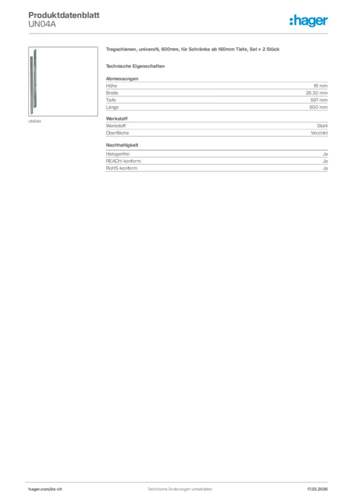 Bild Hager Produktdatenblatt UN04A | Hager Schweiz