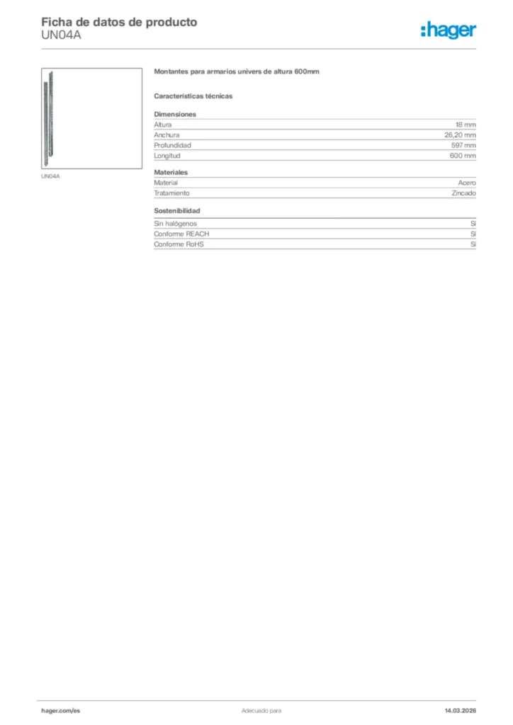 Imagen Hager Ficha de datos de producto UN04A | Hager España