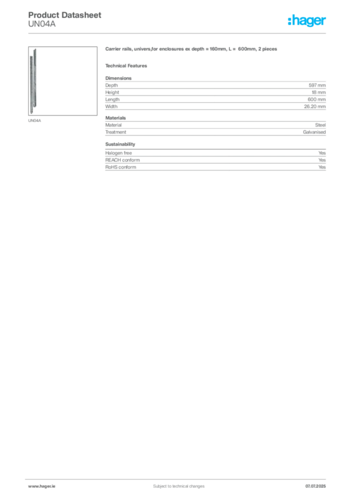 Image Hager Product data sheet UN04A  | Hager
