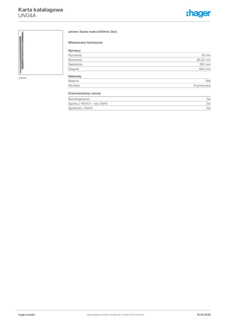 Zdjęcie Hager Karta katalogowa UN04A | Hager Polska