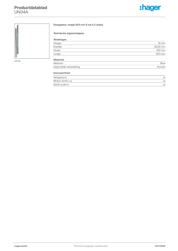 Afbeelding Hager Productdatablad UN04A | Hager Nederland