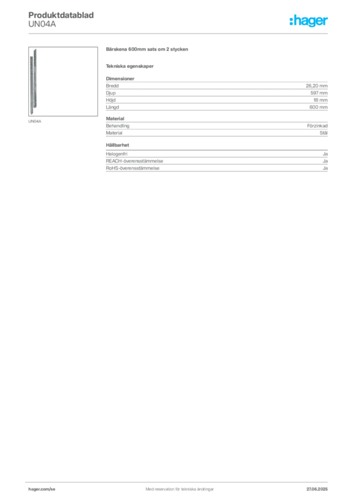 Bild Hager Produktdatablad UN04A | Hager Sverige