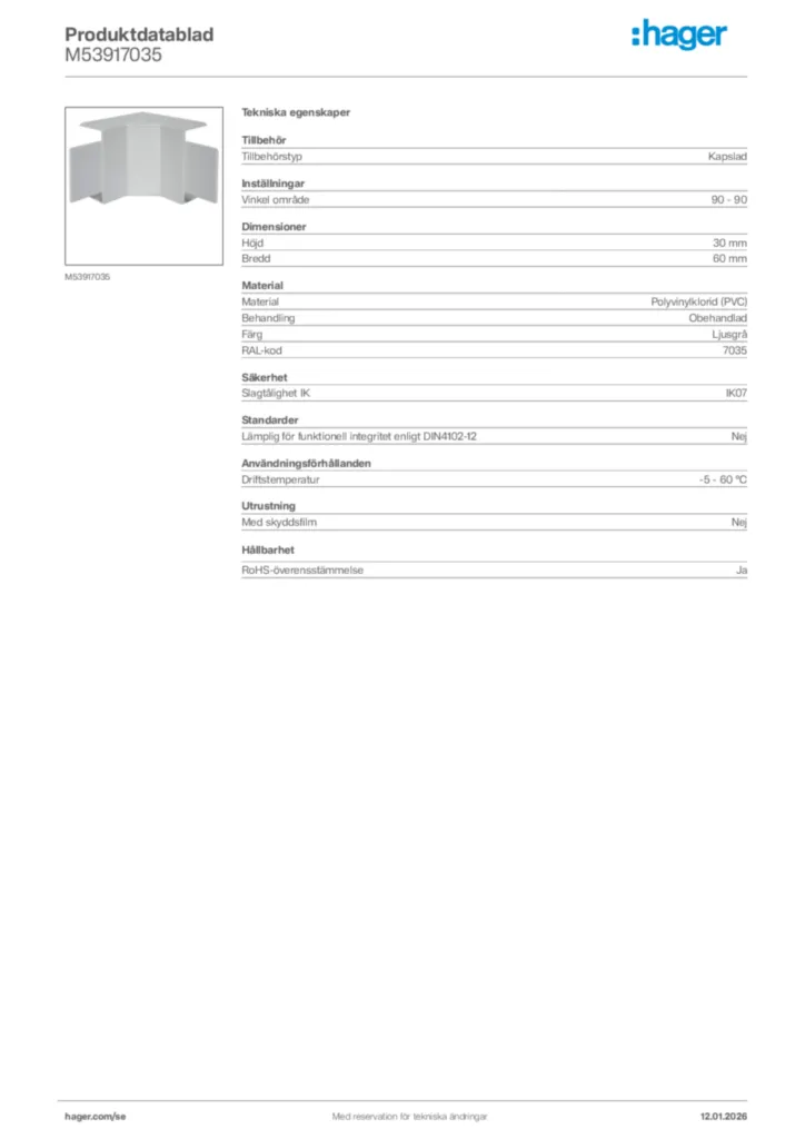 Bild Hager Produktdatablad M53917035 | Hager Sverige