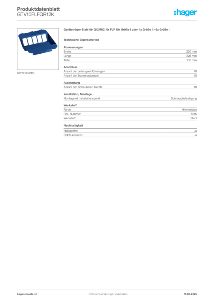 Bild Hager Produktdatenblatt GTV10FLFQR12K | Hager Schweiz