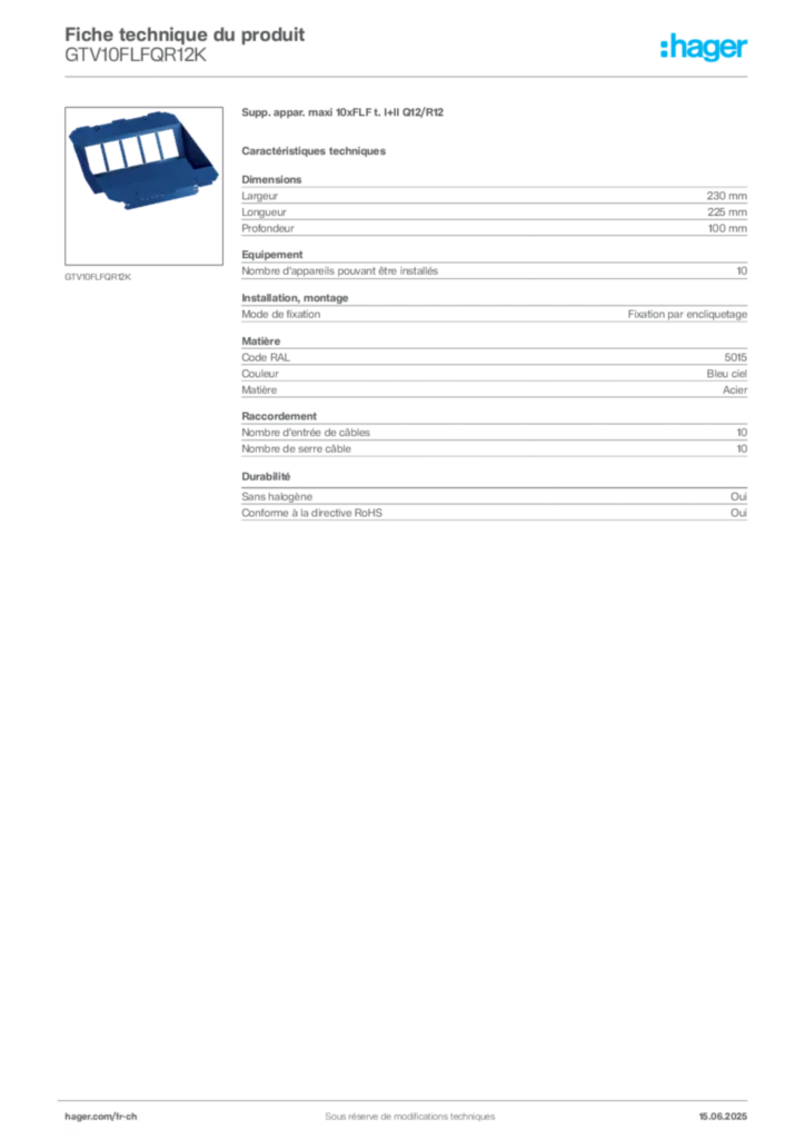 Image Hager Fiche technique du produit GTV10FLFQR12K | Hager Suisse