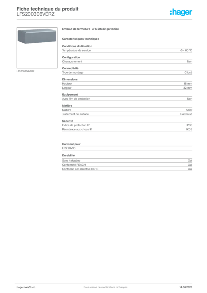 Image Hager Fiche technique du produit LFS200306VERZ | Hager Suisse