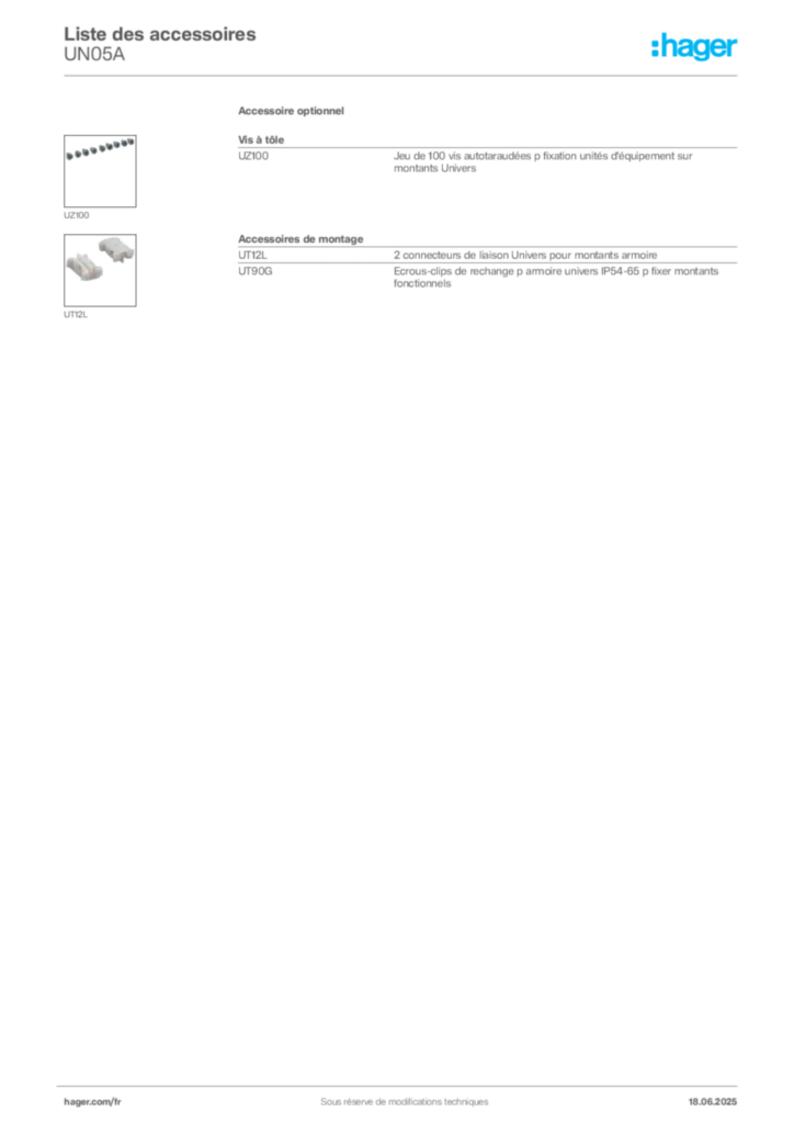 Image Hager Fiche technique du produit UN05A | Hager France