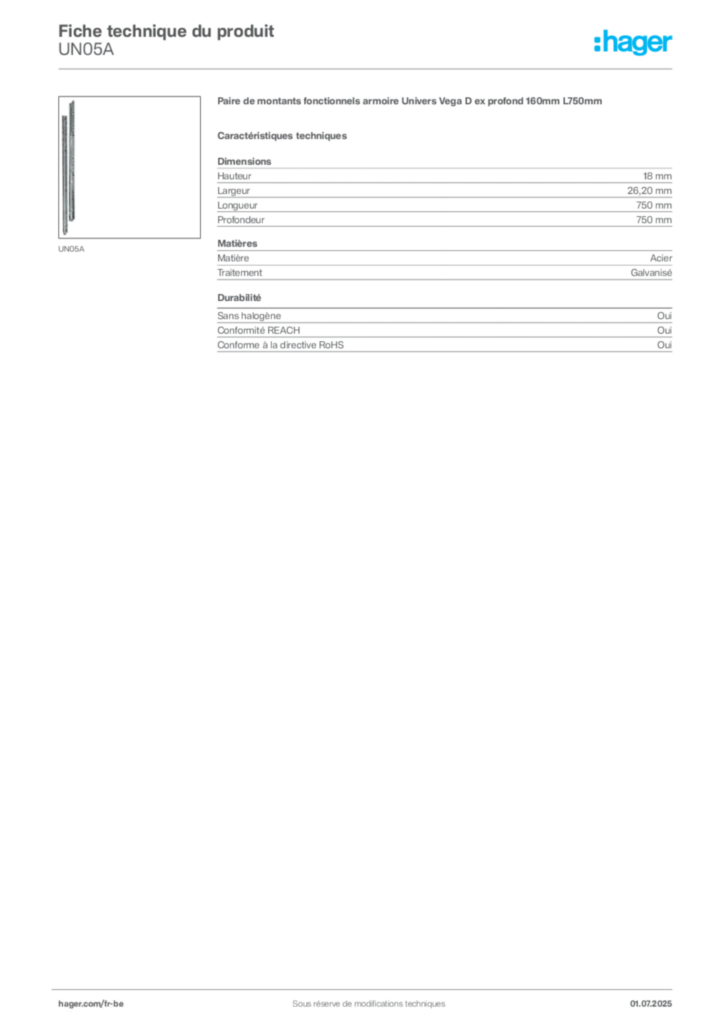 Image Hager Fiche technique du produit UN05A | Hager Belgique