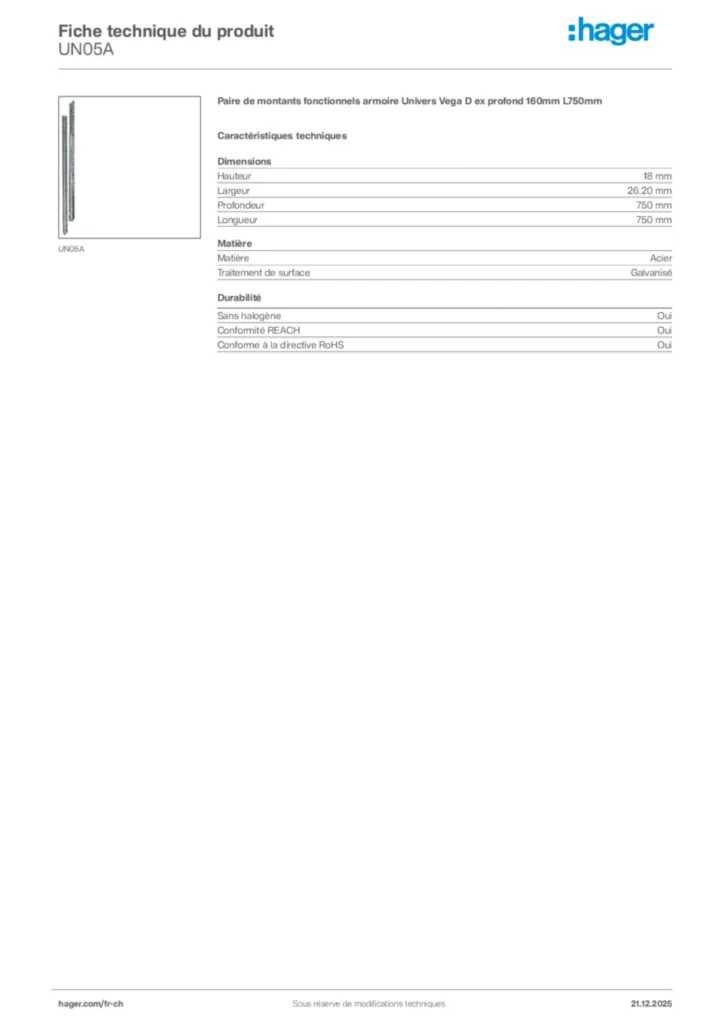 Image Hager Fiche technique du produit UN05A | Hager Suisse