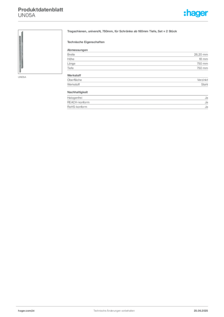 Bild Hager Produktdatenblatt UN05A | Hager Deutschland