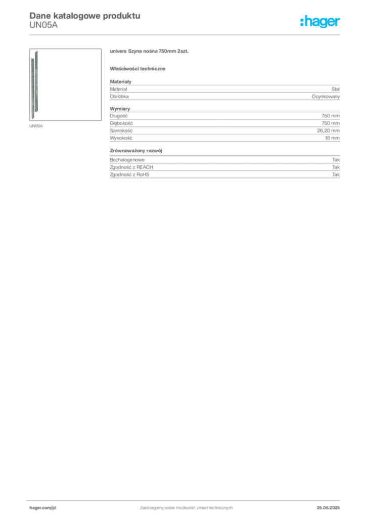 Zdjęcie Hager Dane katalogowe produktu UN05A | Hager Polska
