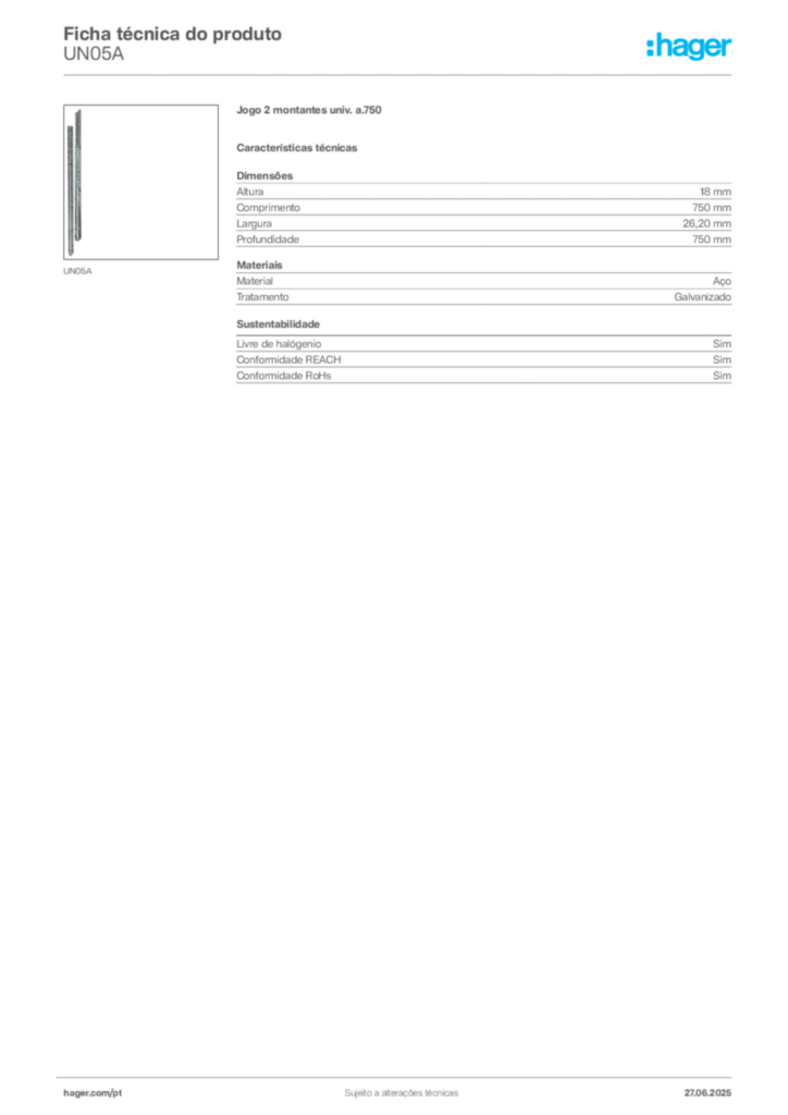 Imagem Hager Ficha técnica do produto UN05A | Hager Portugal