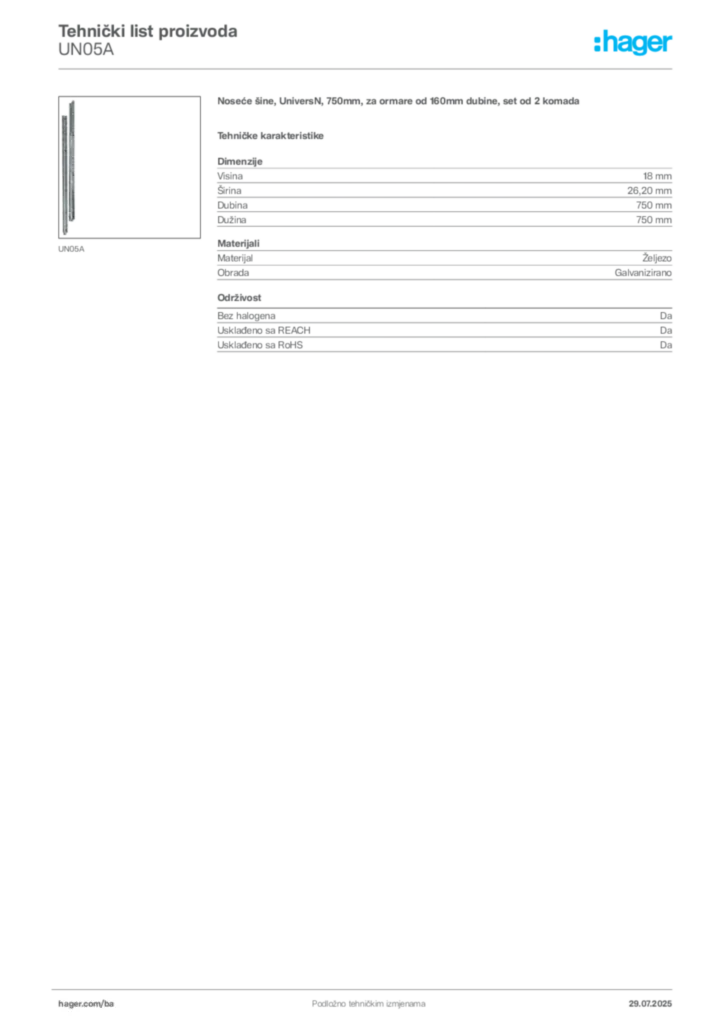 Slika Hager Product data sheet UN05A  | Hager
