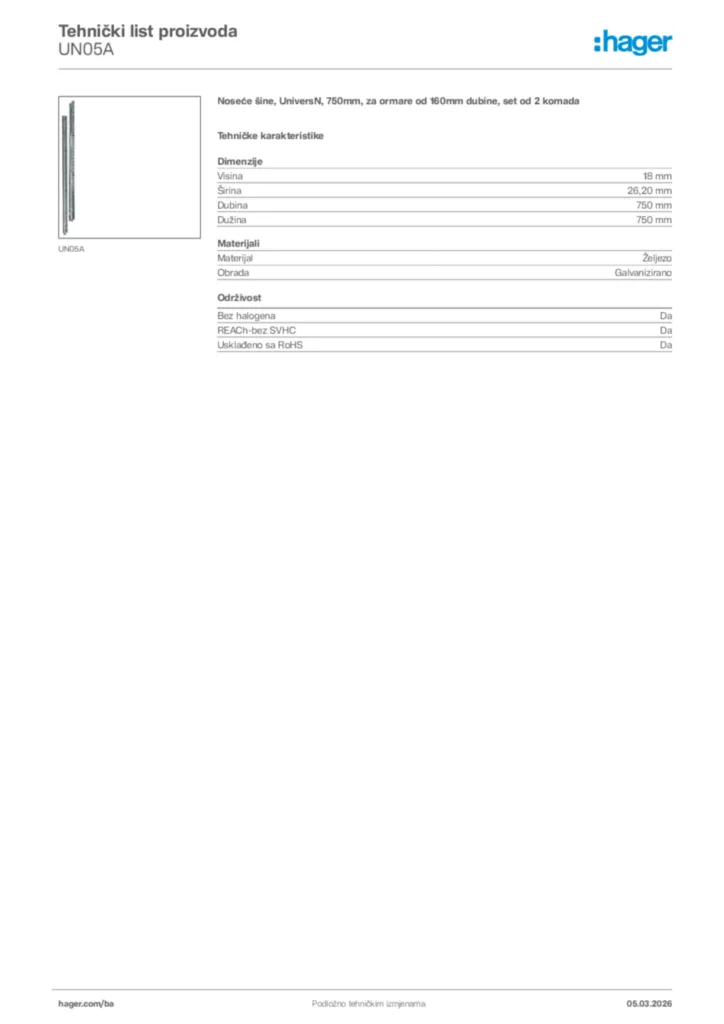 Slika Hager Tehnički list proizvoda UN05A  | Hager