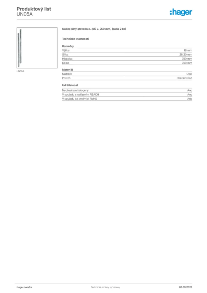 Obrázek Hager Product data sheet UN05A | Hager