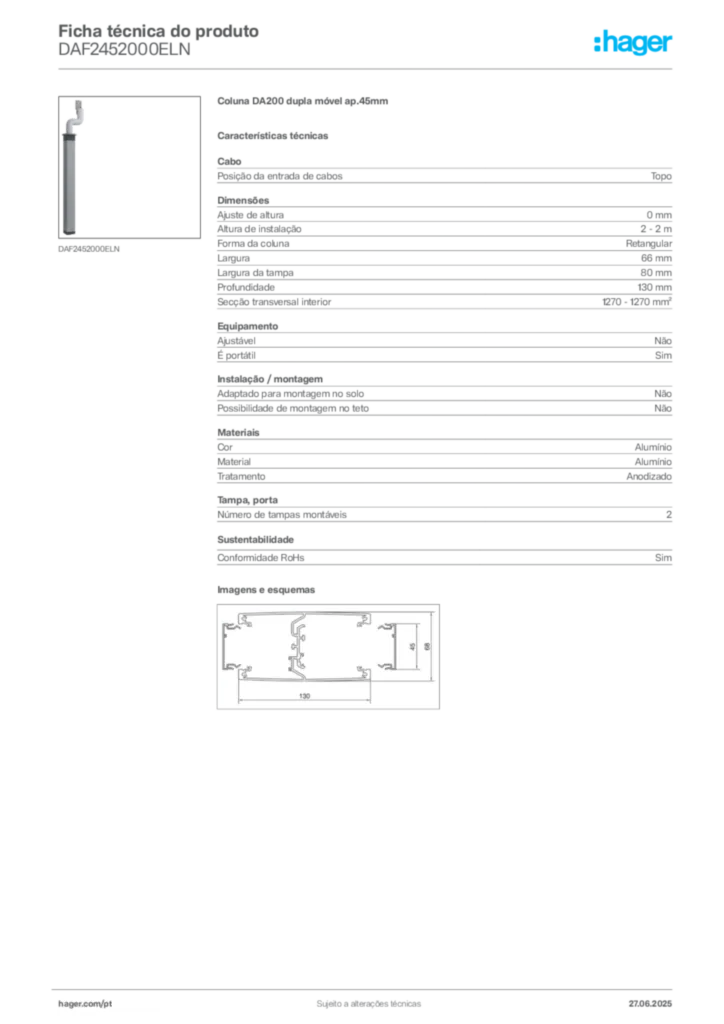 Imagem Hager Ficha técnica do produto DAF2452000ELN | Hager Portugal
