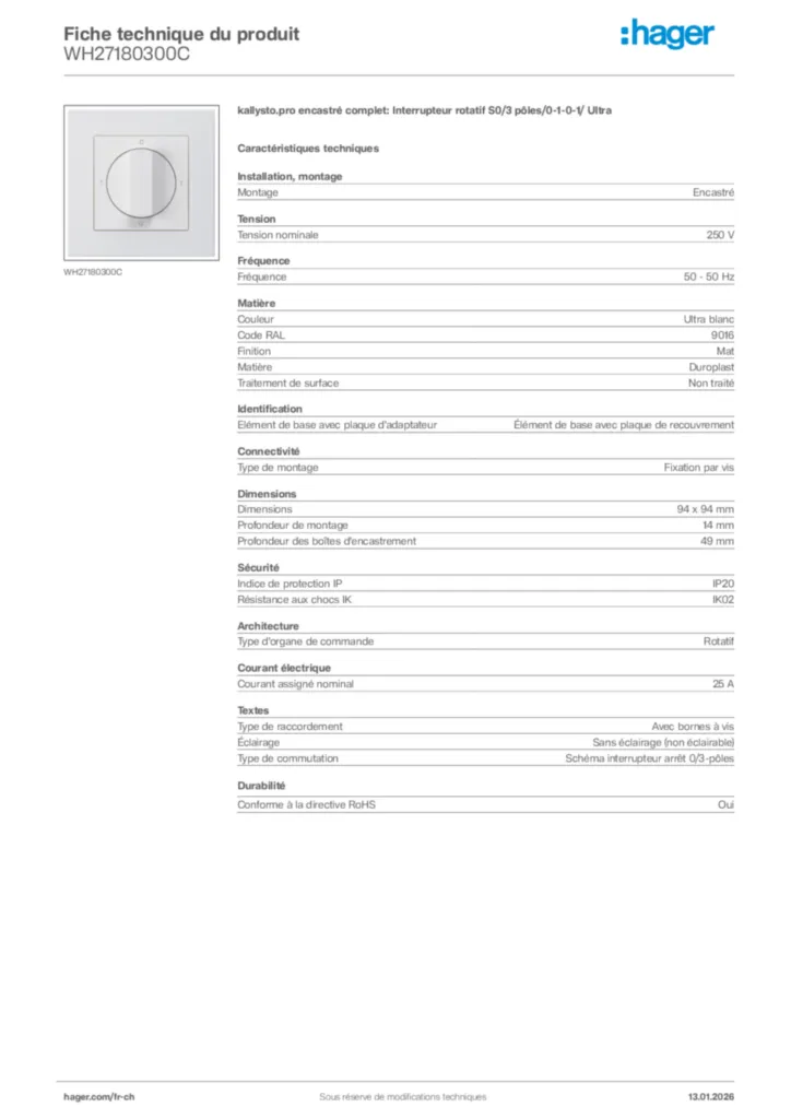 Image Hager Fiche technique du produit WH27180300C | Hager Suisse