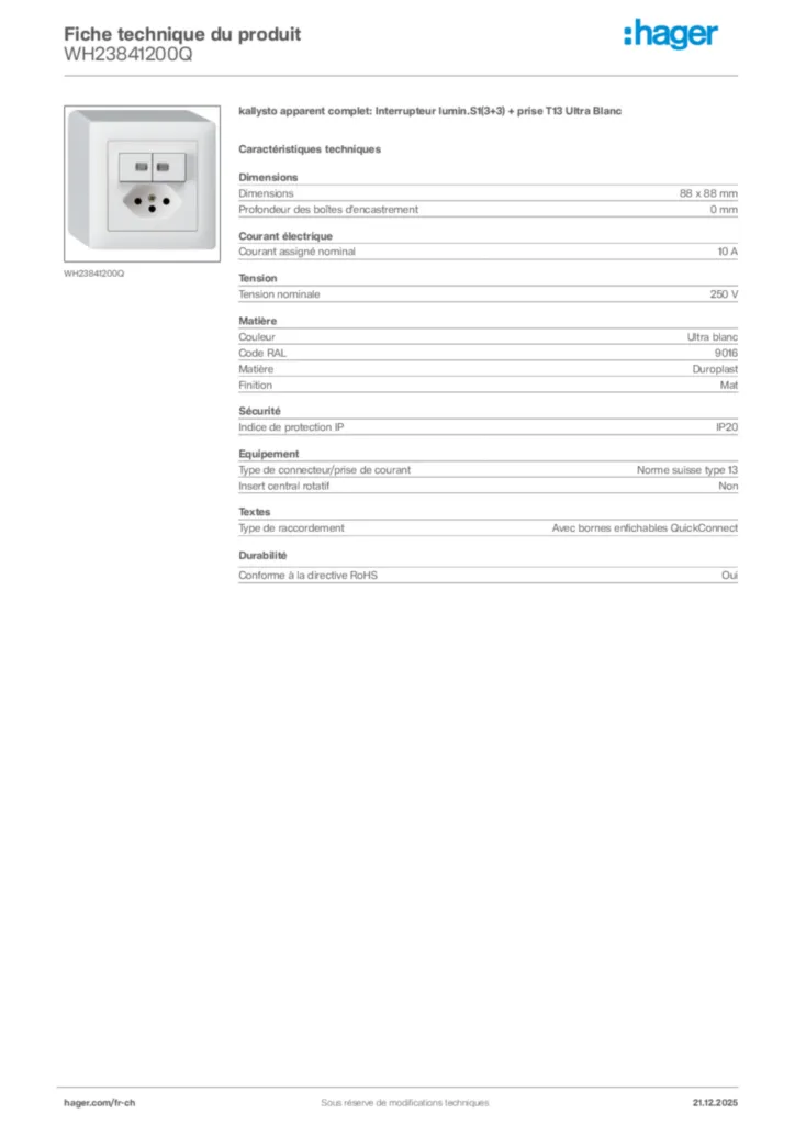 Image Hager Fiche technique du produit WH23841200Q | Hager Suisse