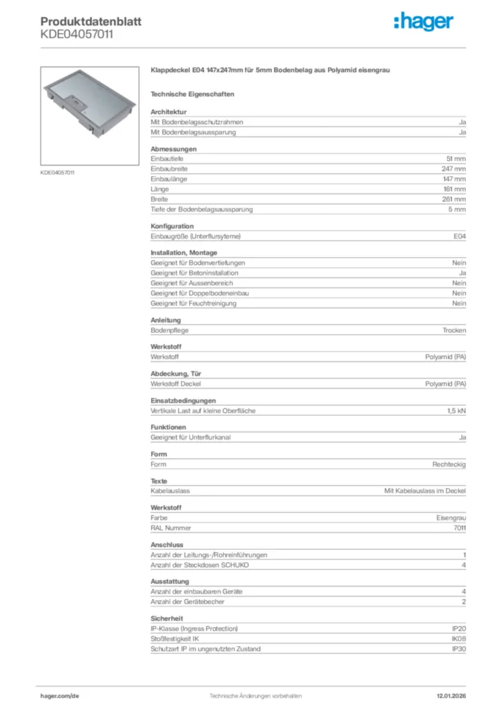 Bild Hager Produktdatenblatt KDE04057011 | Hager Deutschland