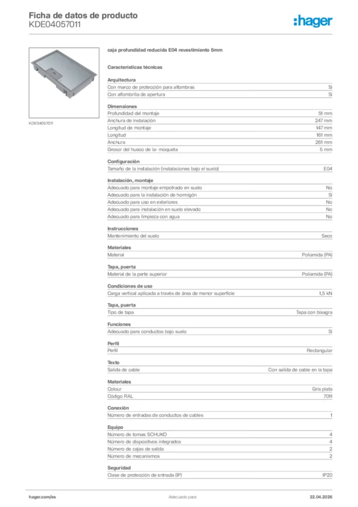 Imagen Hager Ficha de datos de producto KDE04057011 | Hager España