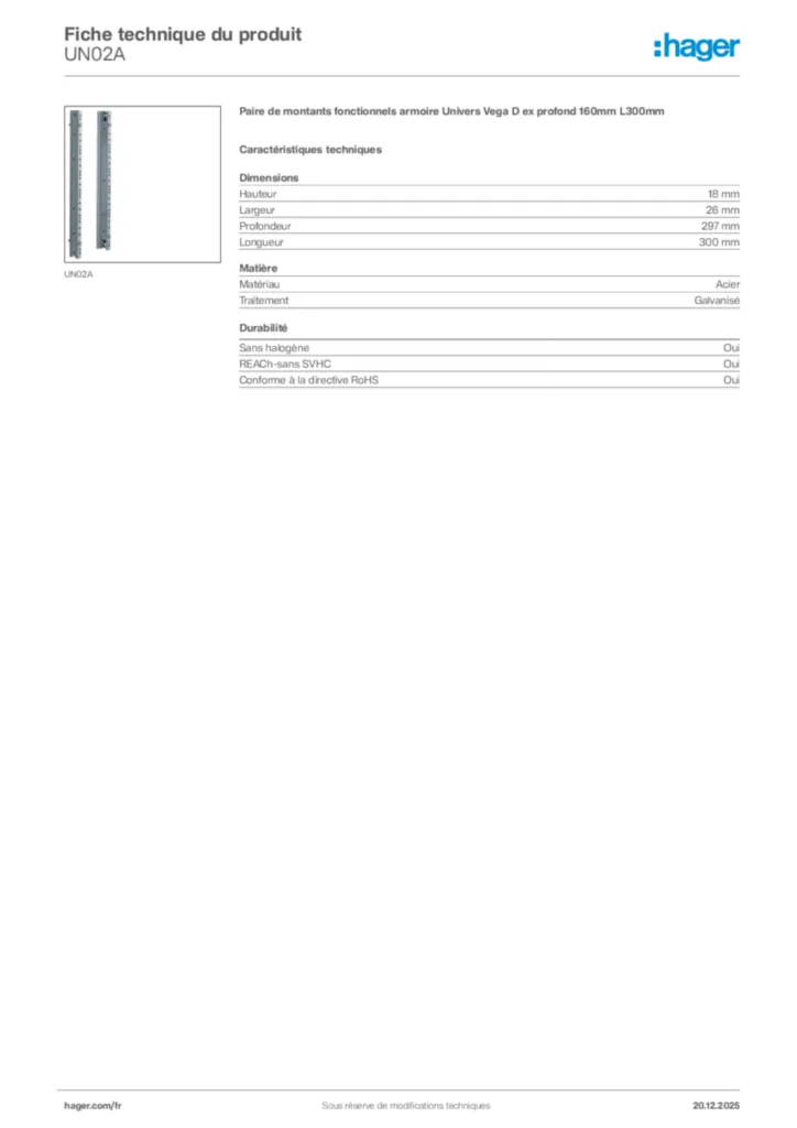 Image Hager Fiche technique du produit UN02A | Hager France